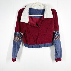 Corduroy Sherpa Collar Cropped Long Sleeve Red Pullover Large  (Juniors)